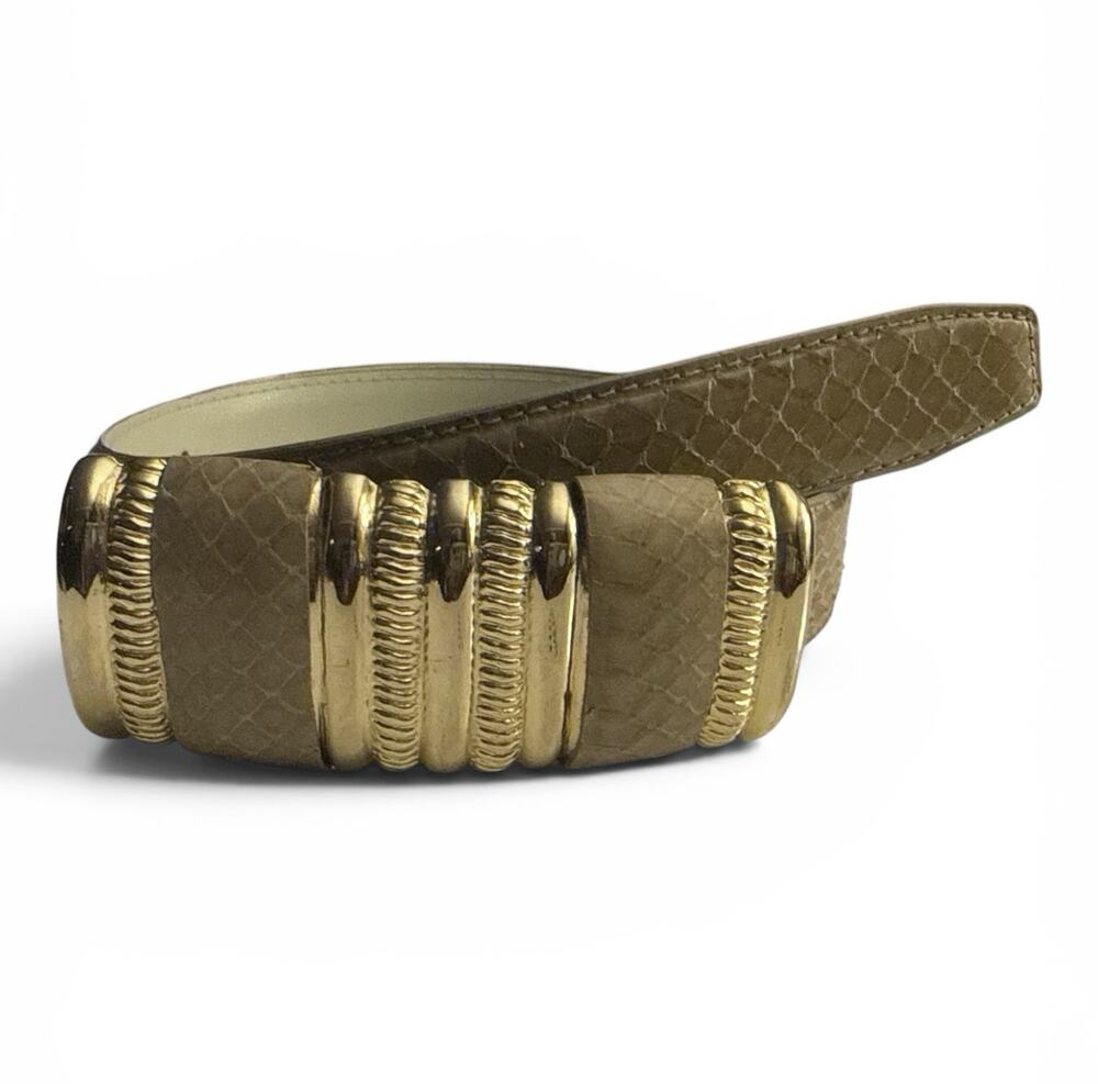 Gorgeous Leather Shop Belt Genuine Beige Snake Skin Gold Buckle Womens Medium